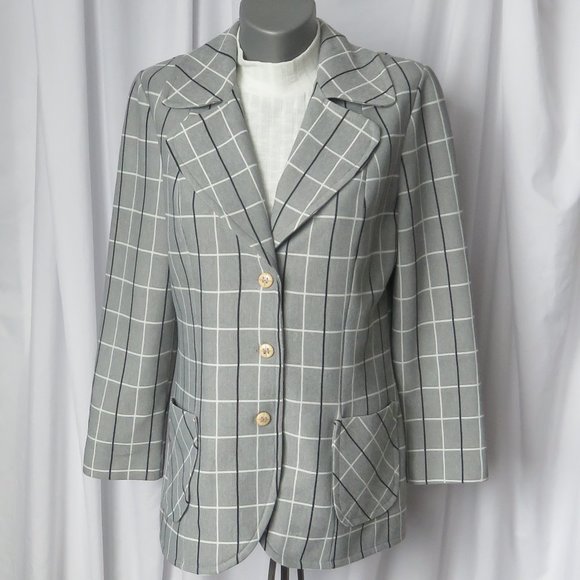 Retro Plaid Grey 1970s Vintage Paris Star Blazer - Picture 1 of 8